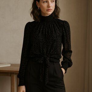 Maison Cinqcent Black Velvet Leopard Print Mock Neck Blouse Sz XS